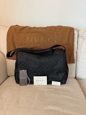 Authentic Gucci Black Monogram Crossbody Messenger Bag/ Diaper Bag